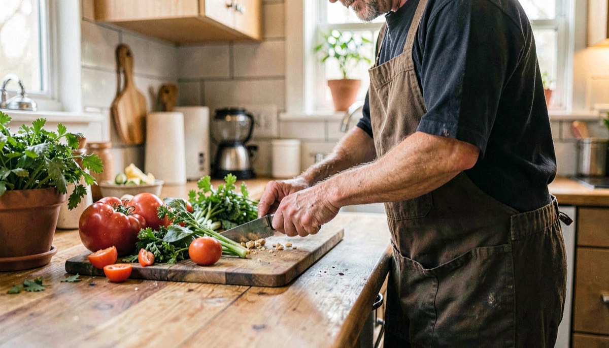 Personne en cuisine préparant des légumes
